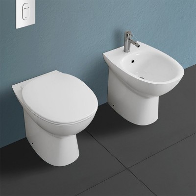 Coppia di sanitari filomuro Morning con WC rimless + bidet + copriwc