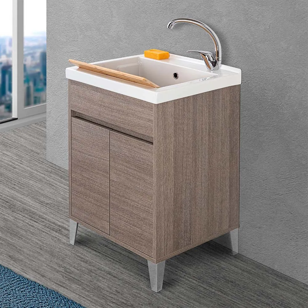 Image of Mobile lavatoio 60x50 cm rovere scuro con vasca in ceramica Way