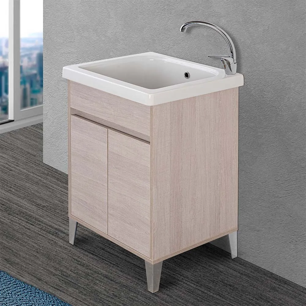 Image of Mobile lavatoio 60x50 cm linea Way rovere chiaro con vasca e strofinatoio