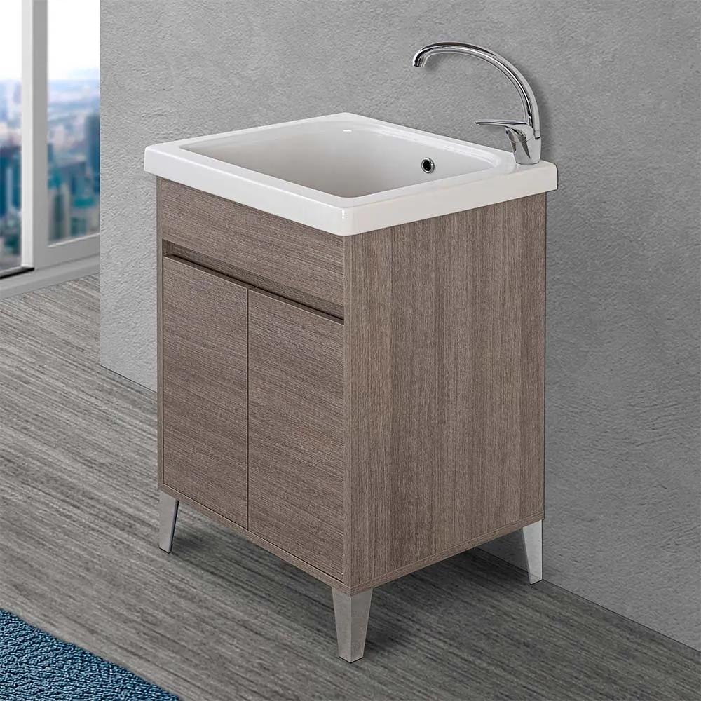 Image of Mobile Lavatoio 60x50 cm linea Way rovere scuro con vasca e strofinatoio