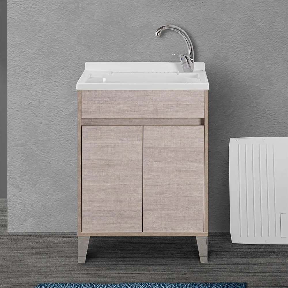 Image of Mobile lavatoio 60x50 rovere chiaro con vasca asse e kit scarico Way