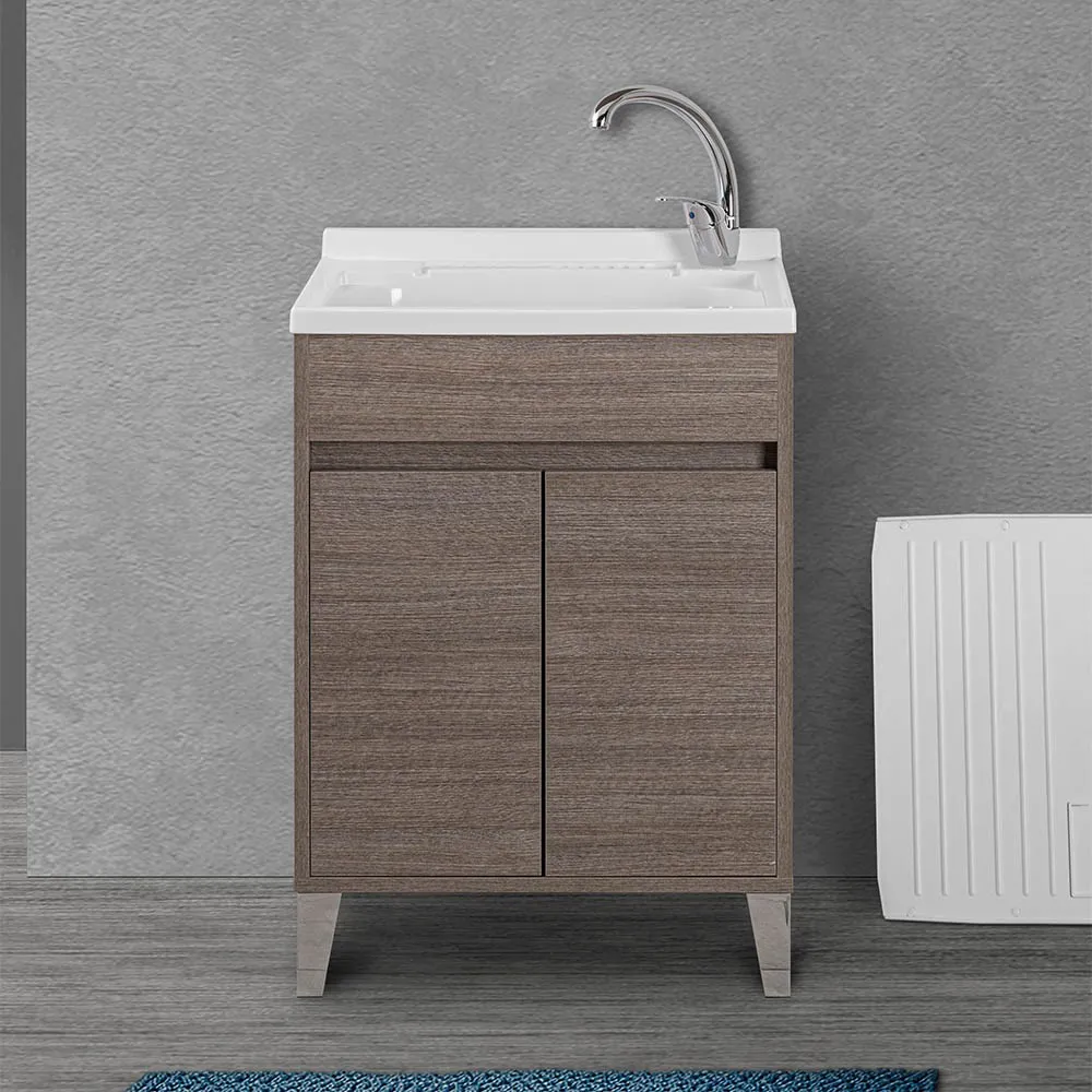 Image of Mobile lavatoio 60x50 rovere scuro con vasca asse e kit scarico Way