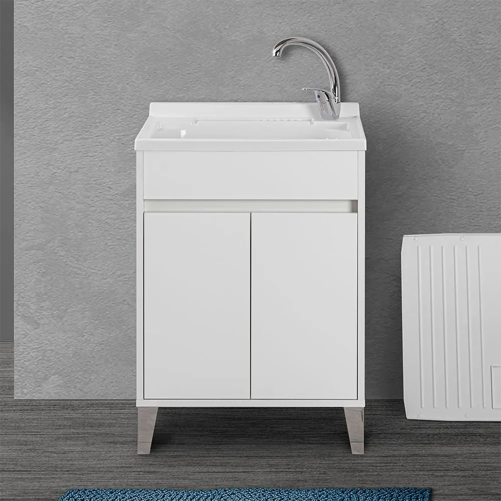 Image of Mobile lavatoio 60x50 Way bianco lucido con vasca asse e kit scarico