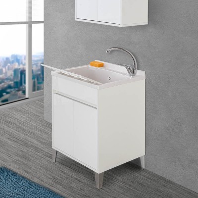 Mobile lavanderia 60x50 cm Way bianco lucido con vasca, asse di lavaggio e kit scarico