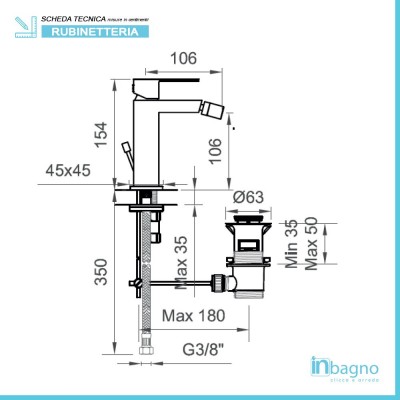 Scheda tecnica rubinetto bidet serie Italia in ottone cromato con piletta automatica inclusa