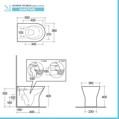 Scheda tecnica water filo muro senza brida in ceramica bianca lucida serie Resort con copriwc incluso