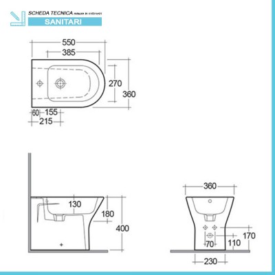 Scheda tecnica bidet in ceramica bianca lucida serie Resort