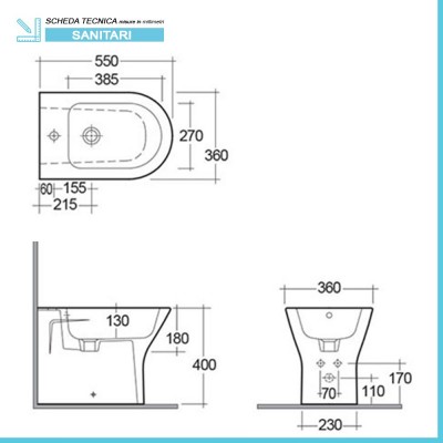 Caratteristiche tecniche bidet in ceramica bianca lucida serie Resort