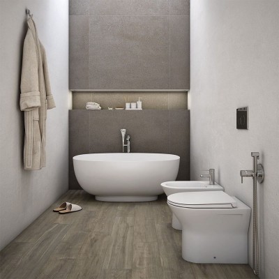 Sanitari filo muro rimless in ceramica bianca lucida serie Resort con sedile copri wc a chiusura ammortizzata