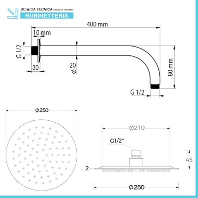 Scheda tecnica braccio doccia da 40 cm e soffione a pioggia con snodo regolabile da 25 cm