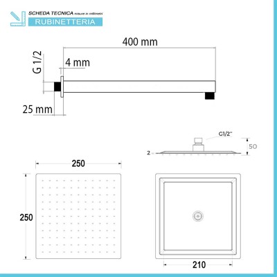 Caratteristiche tecniche braccio doccia da 40 cm e soffione con snodo regolabile 25x25 cm