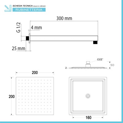 Scheda tecnica braccio doccia da 30 cm e soffione con snodo regolabile 20x20 cm