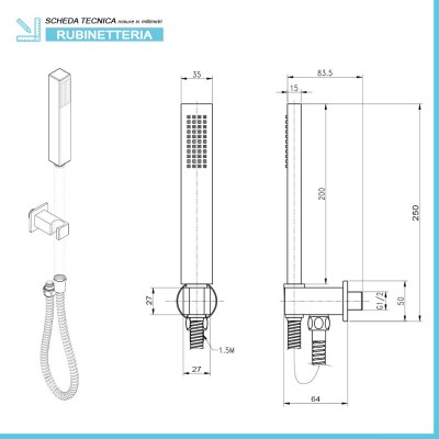 Grafico tecnico doccino e presa d'acqua con relativo supporto