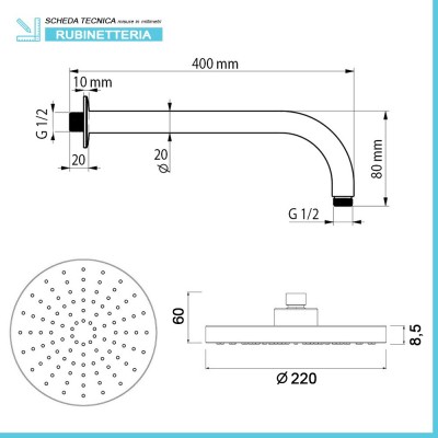 Scheda tecnica braccio doccia da 40 cm e soffione in abs da 22 cm