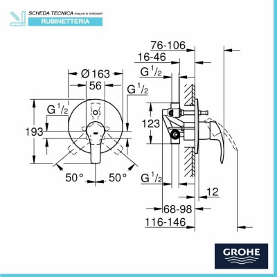 Scheda tecnica miscelatore doccia a incasso con deviatore a 2 vie del set Eurosmart