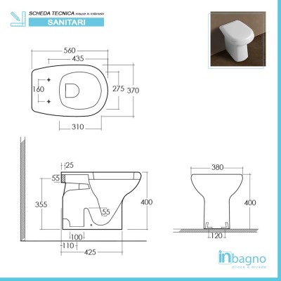 Grafico tecnico wc Orient in ceramica completo di coprivaso