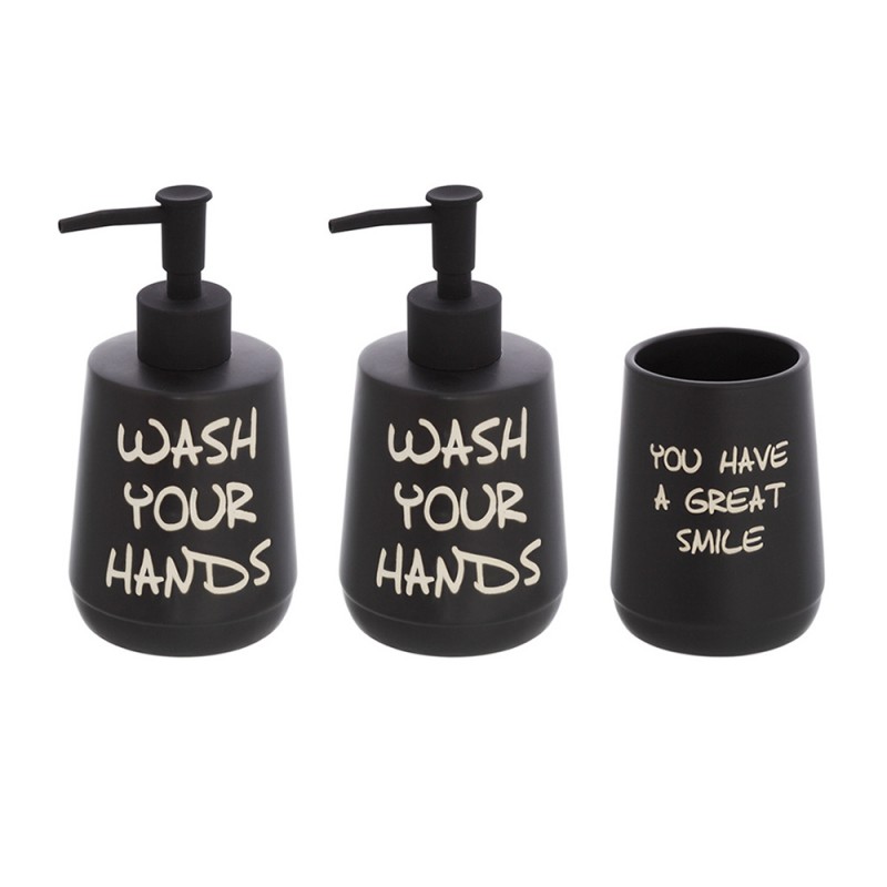 Set accessori linea Wash con 2 Dispenser + portaspazzolini nero con scritte