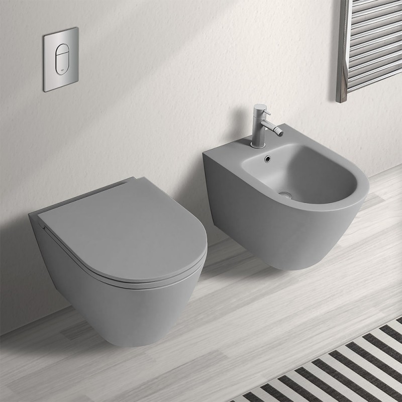 Set sanitari bagno sospesi Feeling rimless grigio opaco con copriwc  softclose