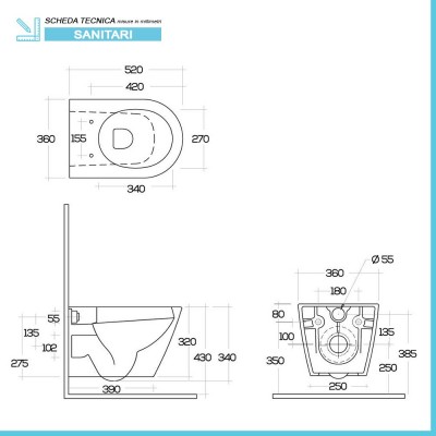 Scheda tecnica wc sospeso rimfree serie Feeling in ceramica con finitura bianco matt