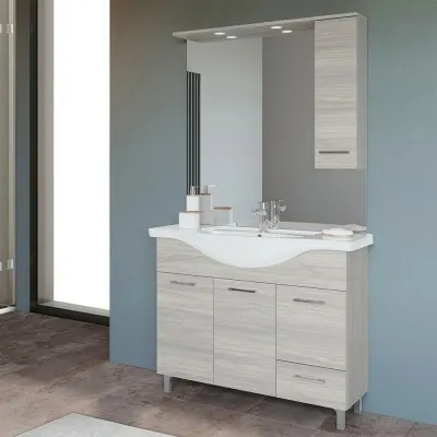 Mobile bagno da terra 105 cm rovere grigio completo di specchio con pensile e LED