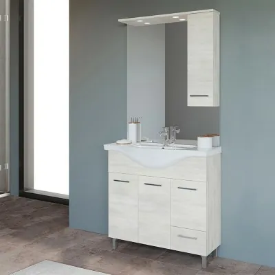 Mobile Bagno da terra 85 cm rovere bianco + specchio con pensile e luce LED