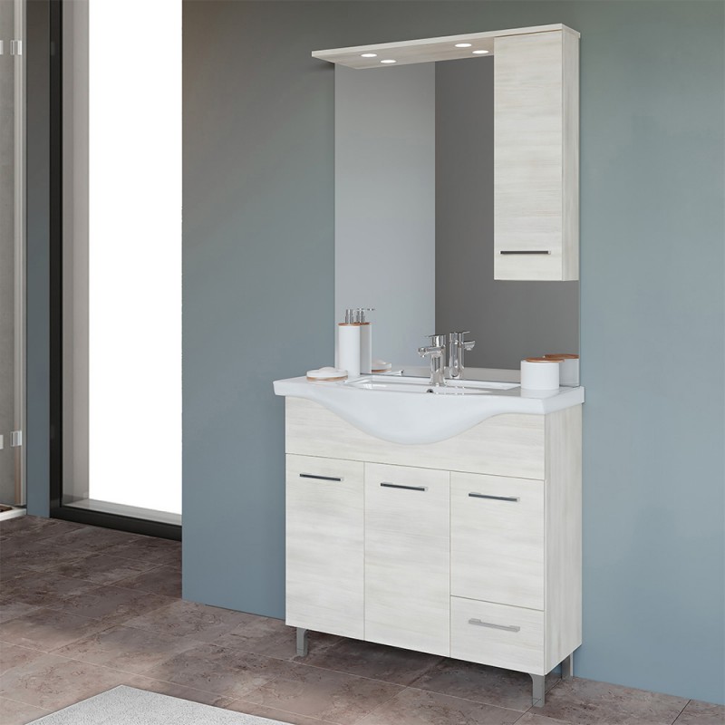 Mobile Bagno da terra 85 cm rovere bianco specchio pensile e luce LED