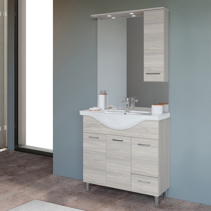 Mobile Bagno da terra 85 cm rovere grigio completo di specchio con pensile e LED