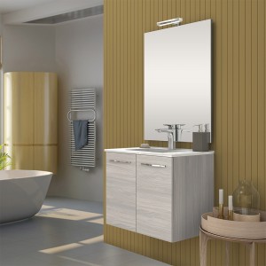 Mobile bagno sospeso linea Zenit 61 cm 2 ante rovere grigio lavabo + specchio