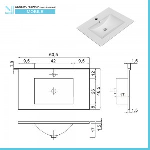 Grafico tecnico lavabo incluso in mobile bagno sospeso Zenit 61 cm 2 ante rovere grigio