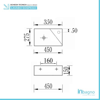 Grafico tecnico lavabo sospeso in ceramica 45x27,5 cm bianco lucido sinistro