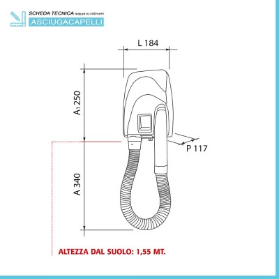 Phon capelli a parete con tubo flessibile presa rasoio 3 velocità