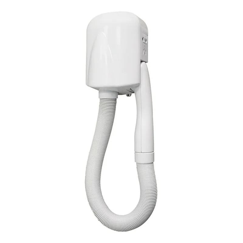 Asciugacapelli a parete bianco con tubo flessibile e presa rasoio Asciugacapelli a parete bianco con tubo flessibile e presa rasoio