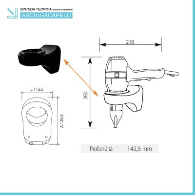 Dimensioni phon per capelli 1300W in acciaio con supporto a muro in ABS nero