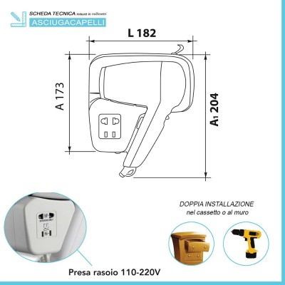 Dimensioni fono da cassetto o parete con presa universale per rasoio