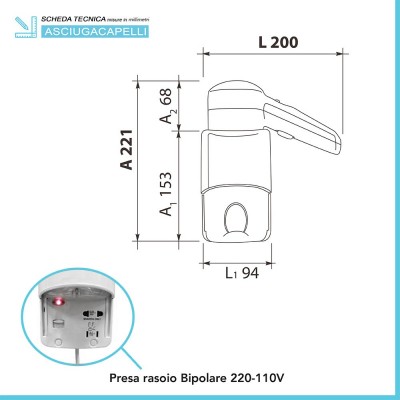 Dimensioni phon capelli da parete 1200W con presa universale per rasoio