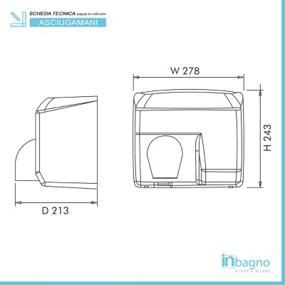 Dimensioni asciugamano elettrico con sensore fotocellula 2400W in acciaio bianco lucido