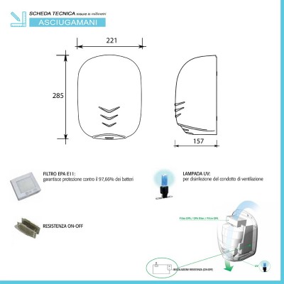 Dimensioni e caratteristiche asciugatore mani elettrico a sensore di rilevamento 1100W in acciaio inox lucido