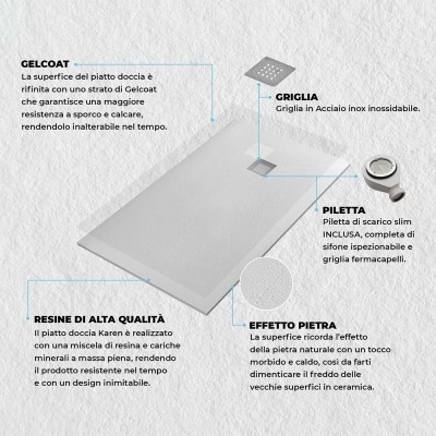 Funzionalità tecniche Piatto doccia filo pavimento Karen 70x110 in resina bianco pietra