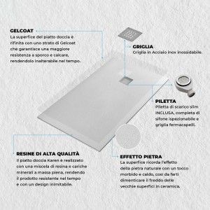 Funzionalità tecniche piatto doccia filo pavimento Karen 80x150 in resina bianco pietra