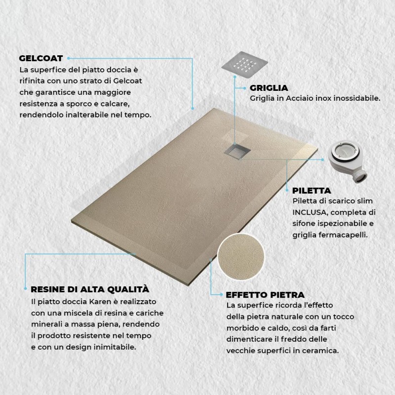 Piatto Doccia In Resina 80x120 Rettangolare Karen Pietra Beige