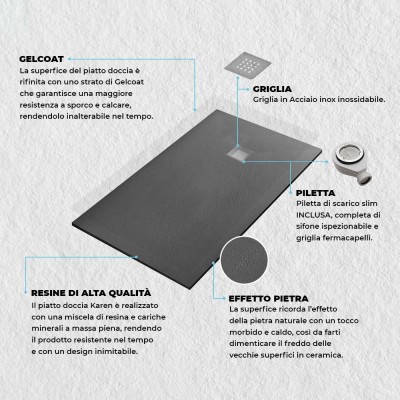 Funzionalità tecniche piatto doccia filo pavimento Karen 70x110 resina pietra antracite