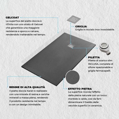 Caratteristiche tecniche piatto doccia filo pavimento 100x100 in resina Karen pietra ardesia