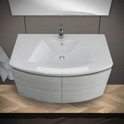 Mobiletto bagno sospeso curvo da 80 cm rovere nordico completo di lavabo e specchiera