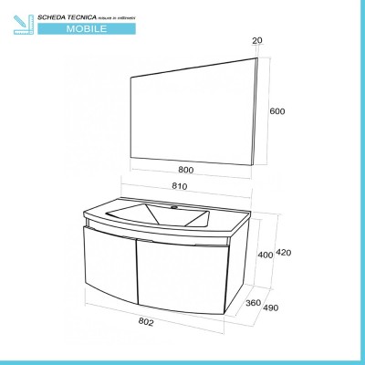 Scheda tecnica mobile bagno sospeso curvo 80 cm rovere nordico con lavabo e specchio