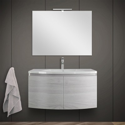 Arredo bagno contemporaneo curvo da 80 cm in rovere nordico completo di specchiera su pannello e lavabo