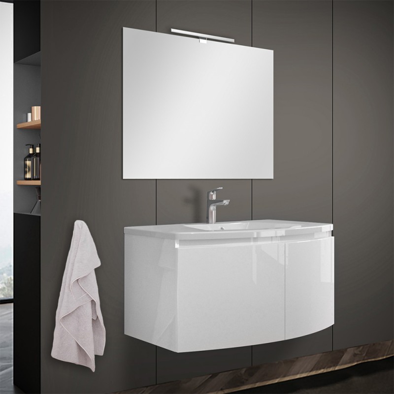 Mobile bagno sospeso curvo 80 cm bianco lucido con lavabo e specchio