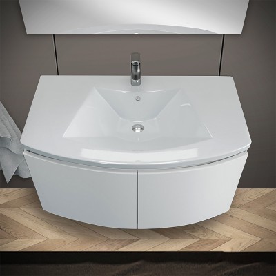 Mobiletto bagno curvo da 80 cm sospeso bianco lucido con lavandino e specchio
