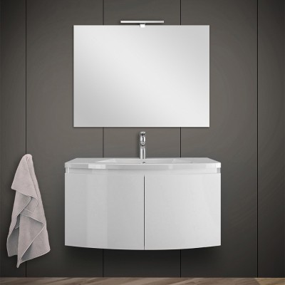 Arredo bagno sospeso curvo da 80 cm bianco lucido completo di lavabo e specchiera