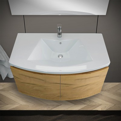 Mobiletto bagno sospeso da 80 cm curvo rovere oro completo di lavabo e specchiera