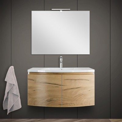 Arredo bagno sospeso moderno da 80 cm rovere oro con lineamenti curvi completo di lavabo e specchio su pannello